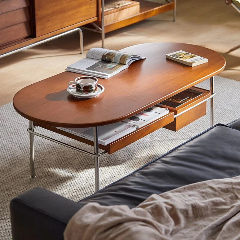 Traditional Vintage Oval Rectangular Rubberwood Stainless Steel Coffee Table 2-Tier For Living Room