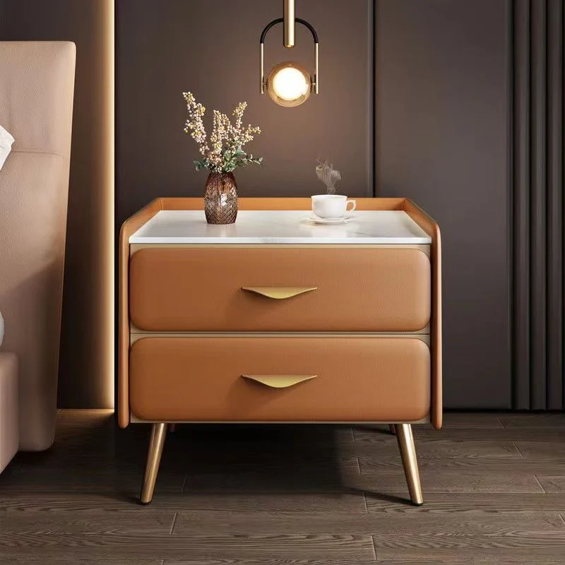 Contemporary Coastal Rectangular Rock Slab Solid Wood & Particleboard Metal Nightstand 2-Drawer For Bedroom