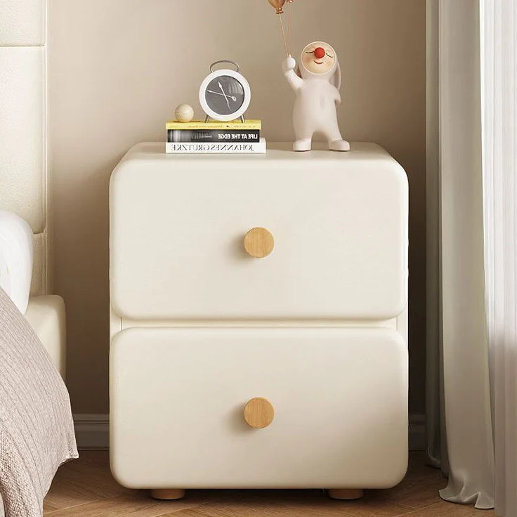 Modern Minimalist Cream Rectangle Square Organic Leather Solid Wood & Plywood Nightstand 2-Drawer For Bedroom