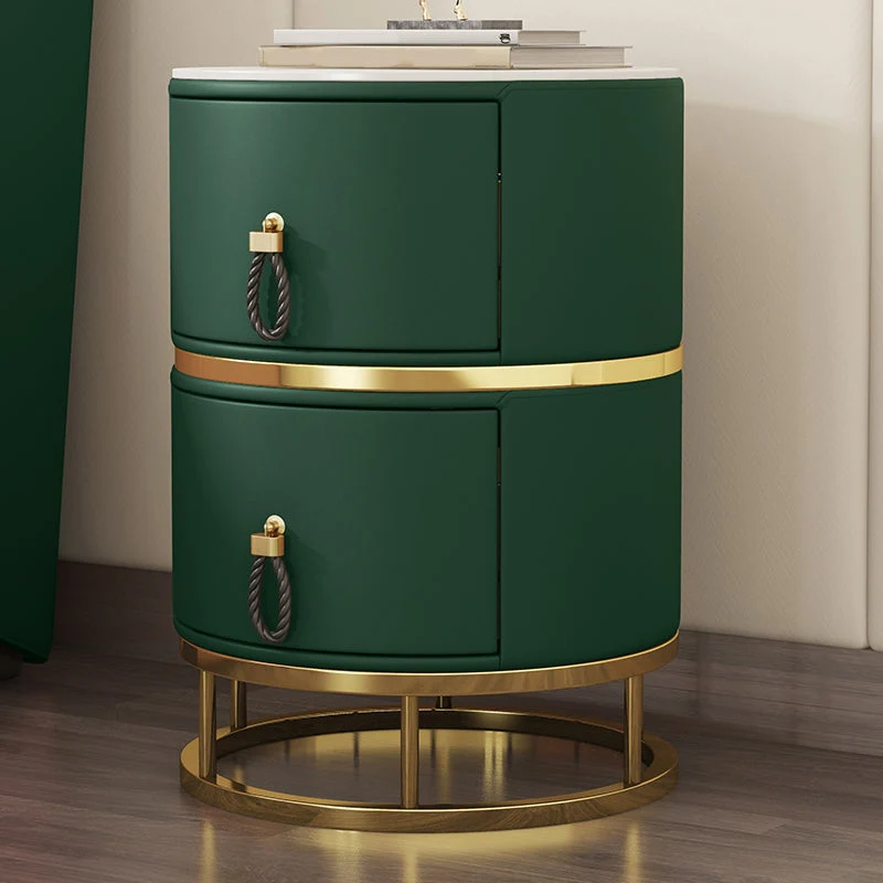 Glam Round Nightstand with 2 Drawers 20" Tall Stone Top Night Table