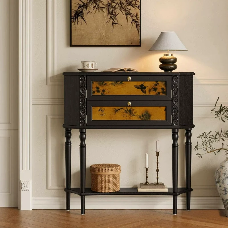 Traditional French Ash Wood Muslin Trapezoidal Carved Side Table 2-Cabinet For Entryway