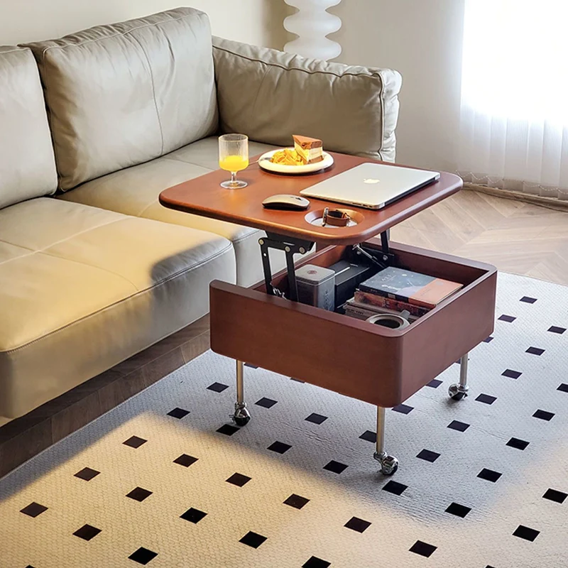 Contemporary Retro Rubber Wood Stainless Steel Hardware Square Liftable Movable Coffee Table 1-Storage For Living Room