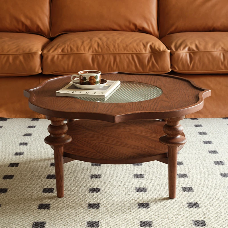 Traditional French Round Petal Shape Rubberwood Glass Coffee Table 2-Tier For Living Room