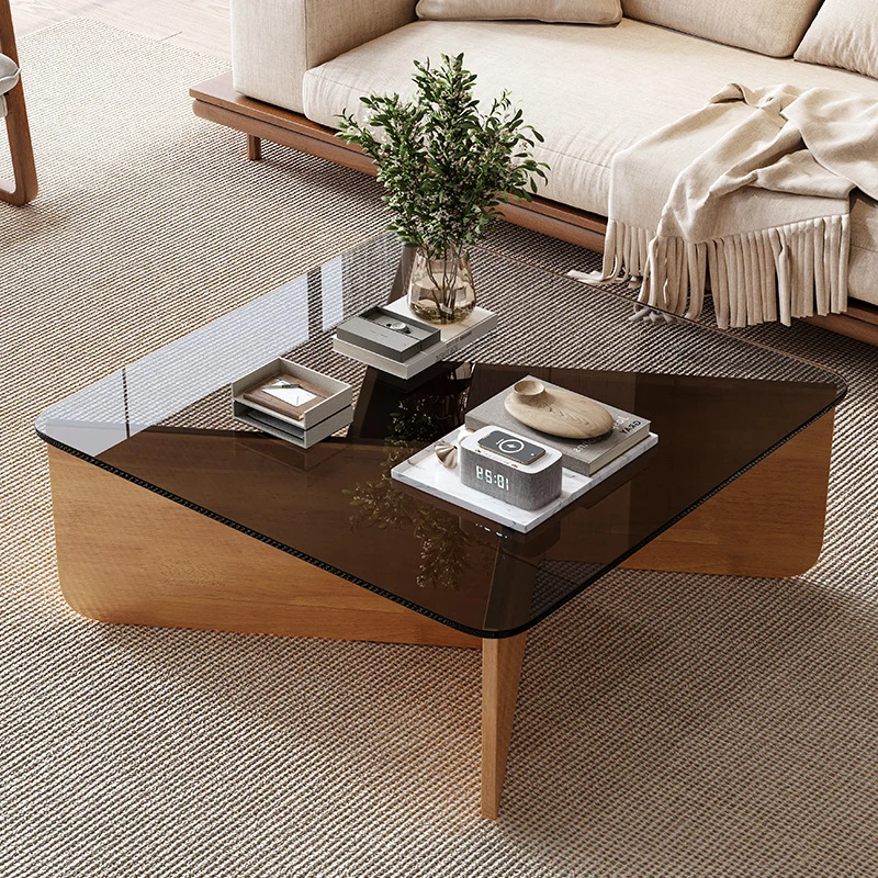Contemporary Luxury Square Glass Plywood Interlocking Base Coffee Table For Living Room