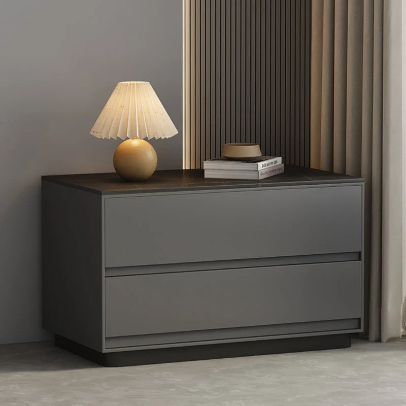 Modern Minimalist Rectangular Sintered Stone Pine Microfiber Leather Nightstand 2-Drawer For Bedroom