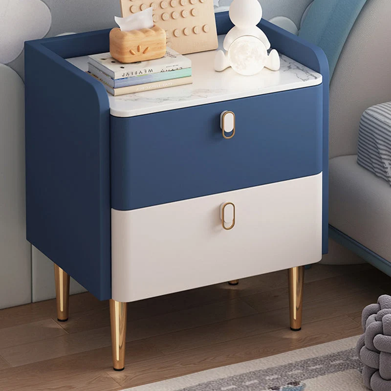 Modern Luxury Rectangular Tabletop MDF Rock Slab Microfiber Leather Nightstand 2-Drawer For Bedroom
