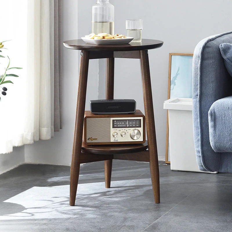 Contemporary Scandinavian Round Tabletop Rubberwood Side Table 1-Shelf For Living Room