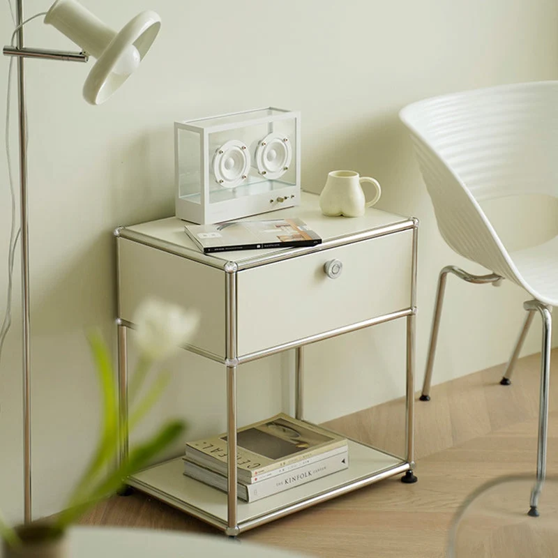 Modern Minimalist Square Frame Stainless Steel Particle Board Nightstand 1-Drawer For Bedroom