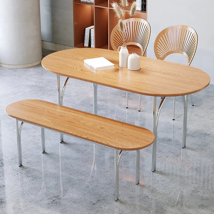 Oval 4 Legs Steel Dining Table Modern Wood Top Chrome Base Dining Site Table