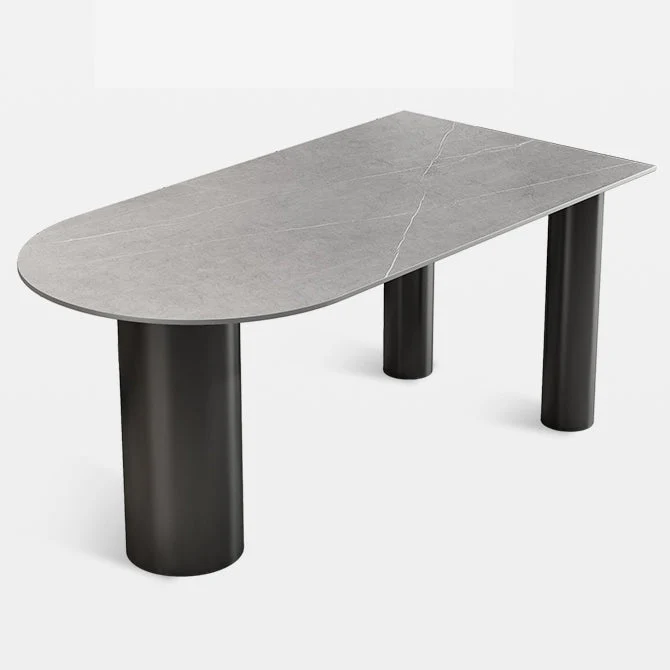 Modern 3 Legs Dining Table Stone Top and Metal Base in Black Dining Table