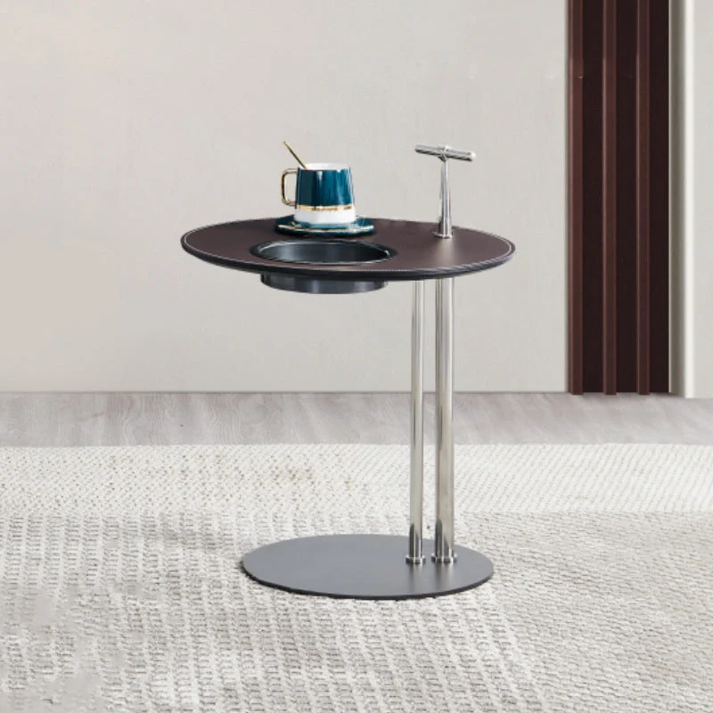 Modern Minimalist Round Saddle-Style Faux Leather Stainless Steel Carbon Steel Side Table Storage For Living Room