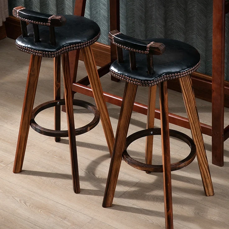 Contemporary Retro Round Faux Leather Pine Wood Legs Swivel Bar Stool Low Back Footrest For Dining Room
