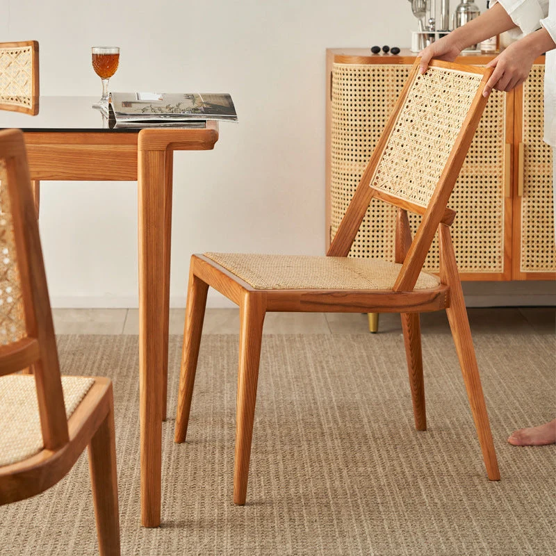 Traditional Vintage Rattan Weaving Ash Wood Frame Dining Chair Backrest For Dining Room