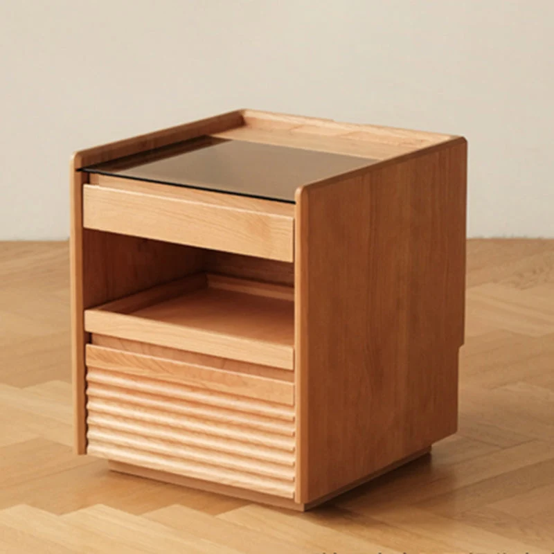 Contemporary Retro Plywood Glass Cube Nightstand 3-Drawer For Bedroom