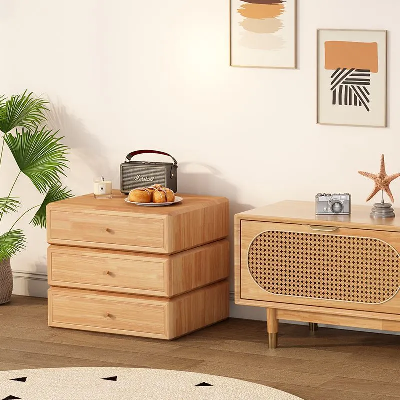 Contemporary Retro Square Rubberwood Rotatable Nightstand 3-Drawer Multifunctional Storage Cabinet For Bedroom