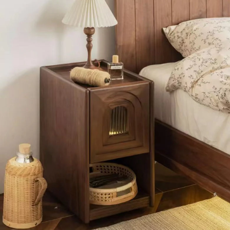 Contemporary Retro Rectangular Arched Door Rubberwood Plywood Glass Nightstand 1-Drawer With Nightlight For Bedside
