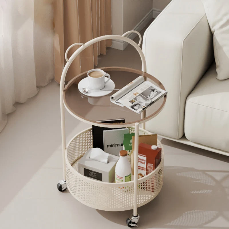 Contemporary Simplicity Round Glass Iron Top Movable Side Table 2-Tier Storage Shelves For Living Room