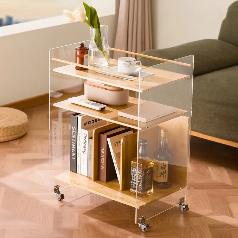 Modern Simplicity Rectangular Bamboo Acrylic Movable Side Table 3-Tier Storage Shelves For Living Room