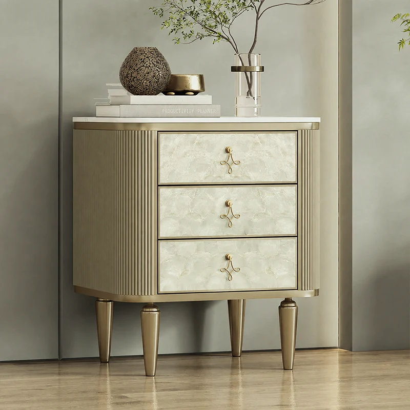 Modern Luxury Rectangular Sintered Stone Eco-board Birch Leg Nightstand 3-Drawer For Bedroom