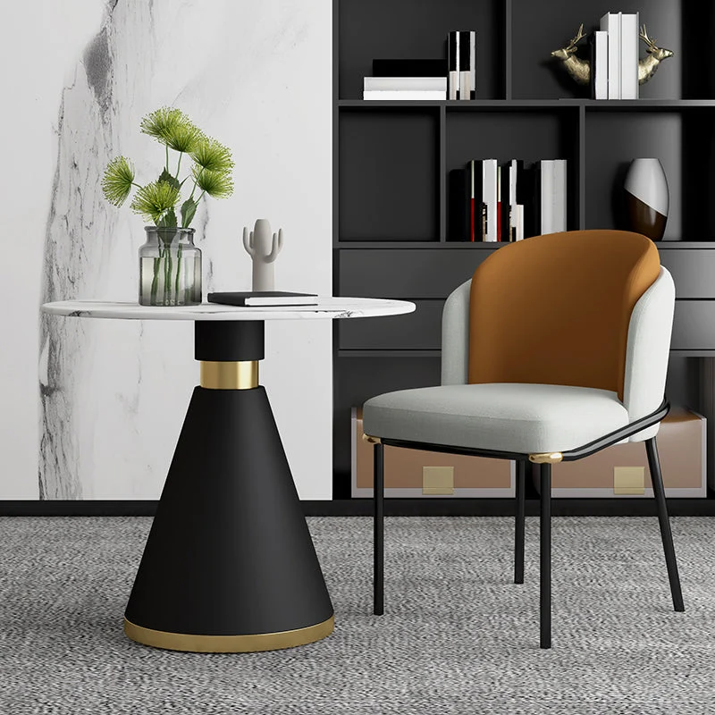 Metal Contemporary Round Dining Table Sintered Stone Top Table with Black Pedestal