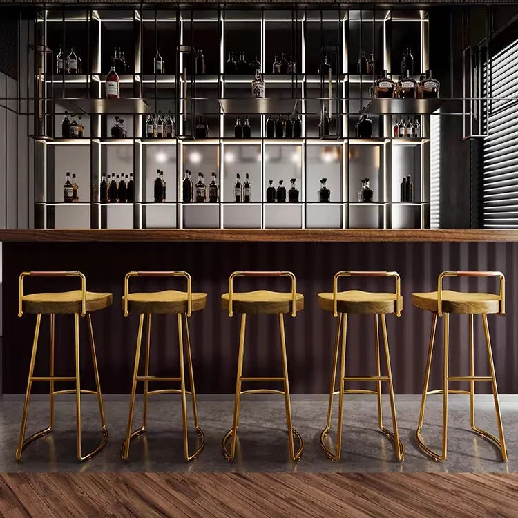 Modern Minimalist Square Iron Pine Wood Bar Stool Low Backrest For Dining Room