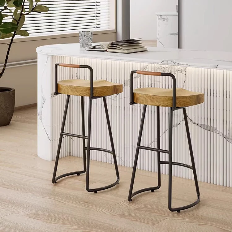 Modern Minimalist Square Iron Pine Wood Bar Stool Low Backrest For Dining Room