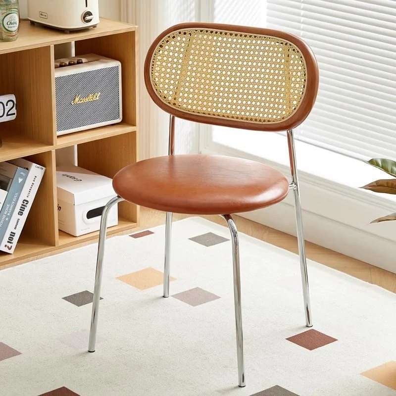 Contemporary Vintage Round Rectangular Rubberwood Plywood Iron Faux Leather PE Rattan Dining Chair Backrest For Dining Room