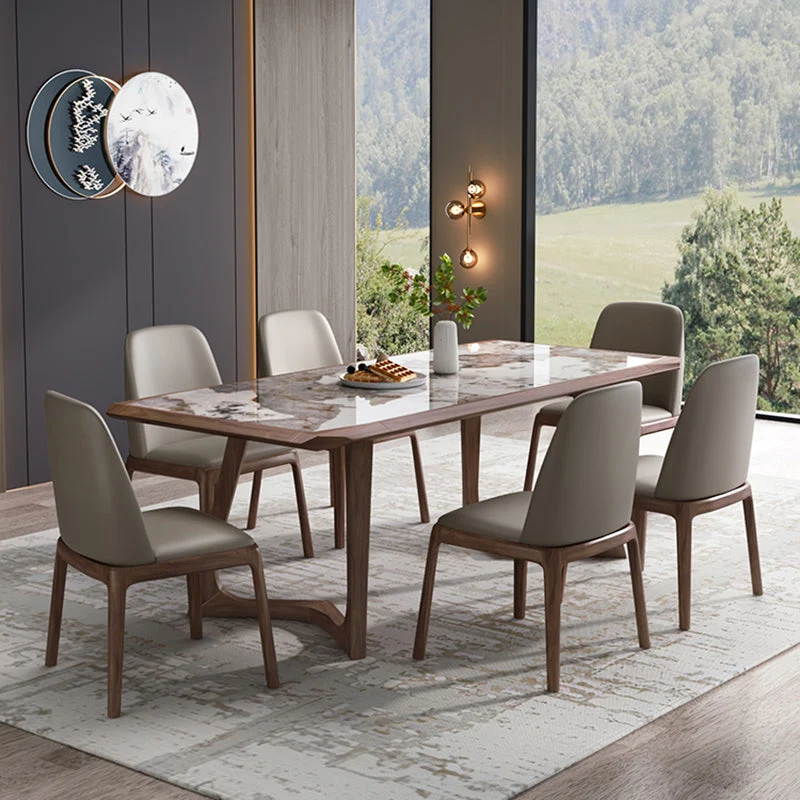 Modern Brown Finish Legs Dining Site Table Stone Top Double Pedestal Table