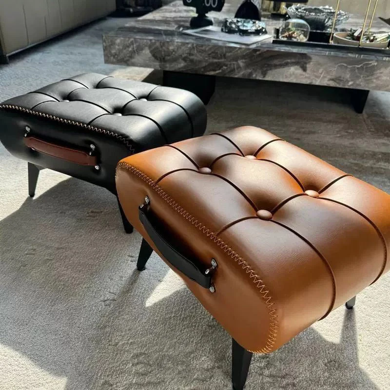 Modern Luxury Rectangular Square Faux Leather Alloy Low Stool For Living Room