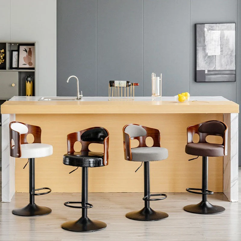 Contemporary Scandinavian Faux Leather Cotton-linen Bentwood Board Iron Round Bar Stool Backrest Footrest For Kitchen