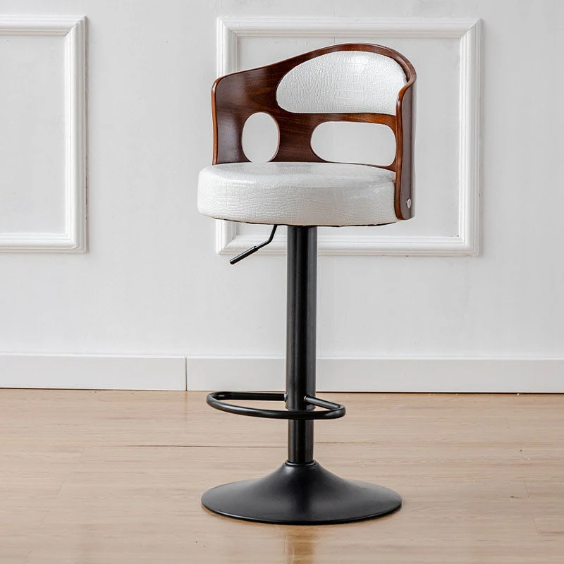 Contemporary Scandinavian Faux Leather Cotton-linen Bentwood Board Iron Round Bar Stool Backrest Footrest For Kitchen
