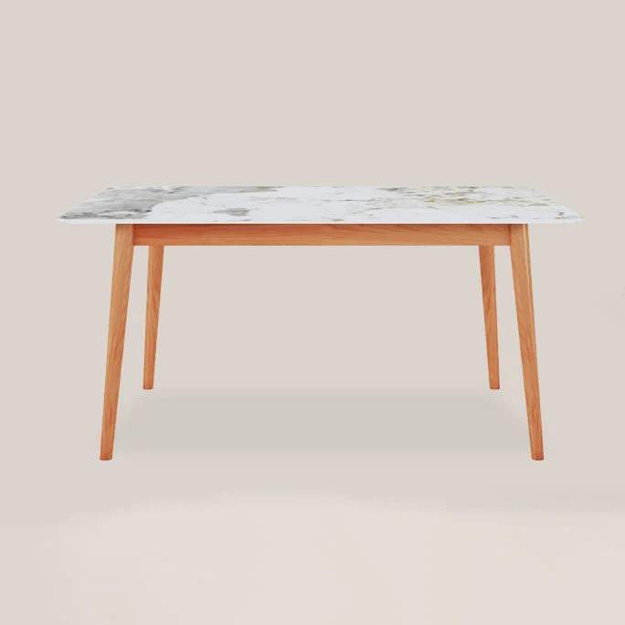 Modern Rectangle Dining Table Sintered Stone Top Table with 4 Wood Legs
