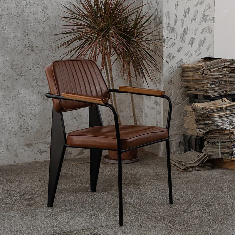 Contemporary Industrial Oil wax Leather Metal Sponge Wood Square Vertical Stripe Dining Chair Backrest Armrest For Dining Room