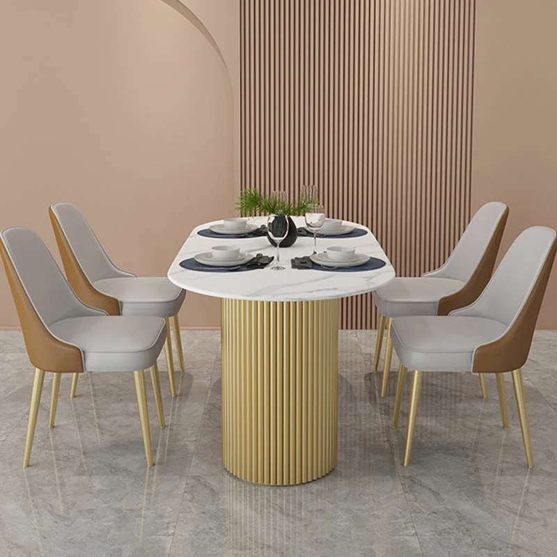 Oval Double Pedestal Luxury Dining Table White Fixed Table of Sintered Stone