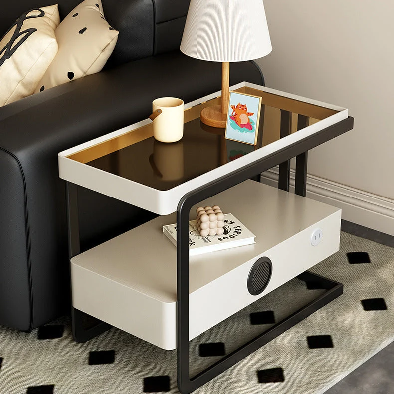 Contemporary Nordic Rectangle Pine Wood Carbon Steel Tempered Glass Scratch-Resistant Leather Side Table 1 - Drawer For Living Room