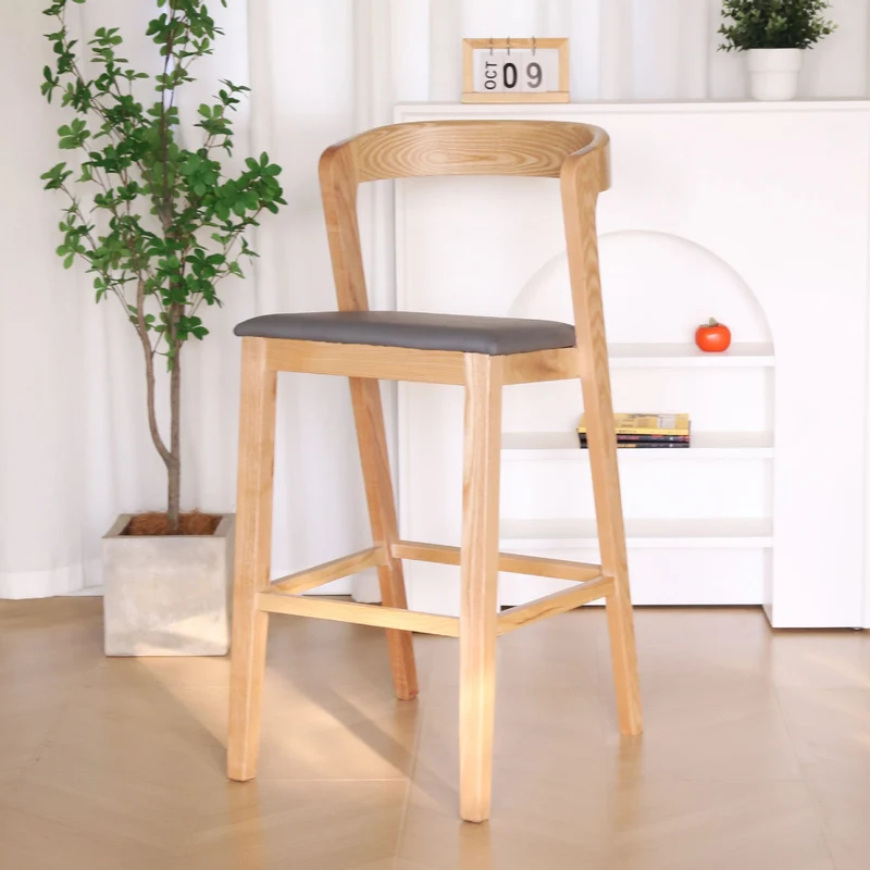 Contemporary Nordic Square Curved Faux Leather Rubberwood Bar Stool Backrest Footrest For Dining Room