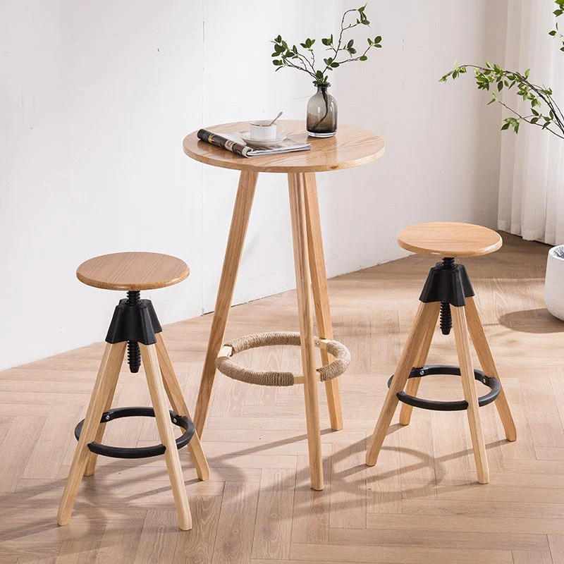 Traditional Vintage Rubberwood Round Nylon Threaded Rod Counter Stool Height Adjustable Swivel Footrest For Kitchen