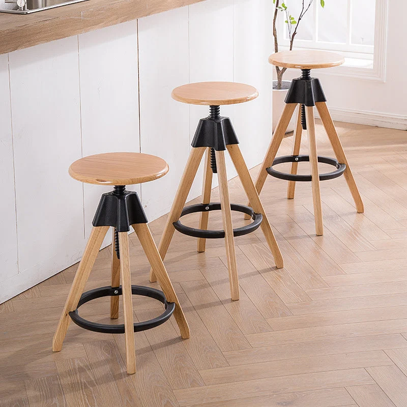Traditional Vintage Rubberwood Round Nylon Threaded Rod Counter Stool Height Adjustable Swivel Footrest For Kitchen