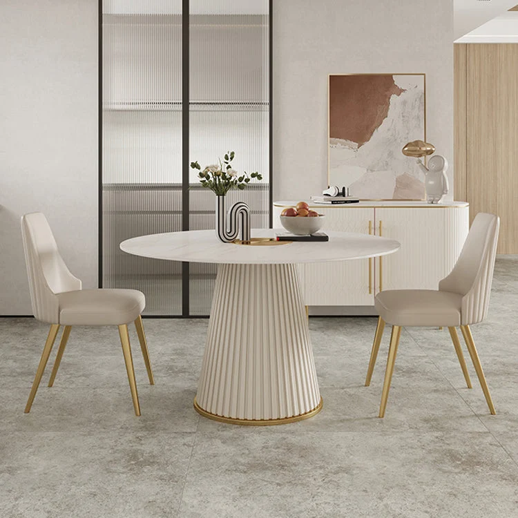 Modern White Round Dining Table Sintered Stone Top Pedestal Base Table