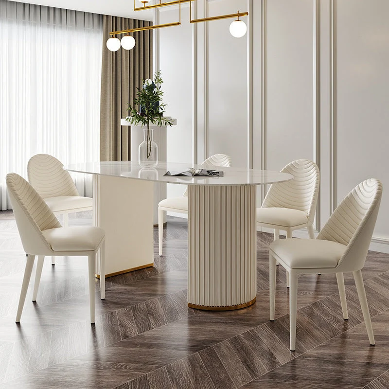 White Oval Stone Dining Table Double Pedestal Furniture for Kitchen