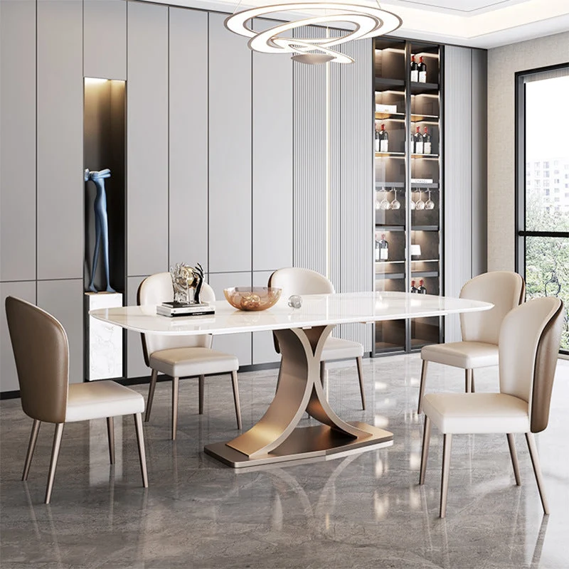 Stone Glam Rectangle Dining Table White Top Pedestal Table for Home