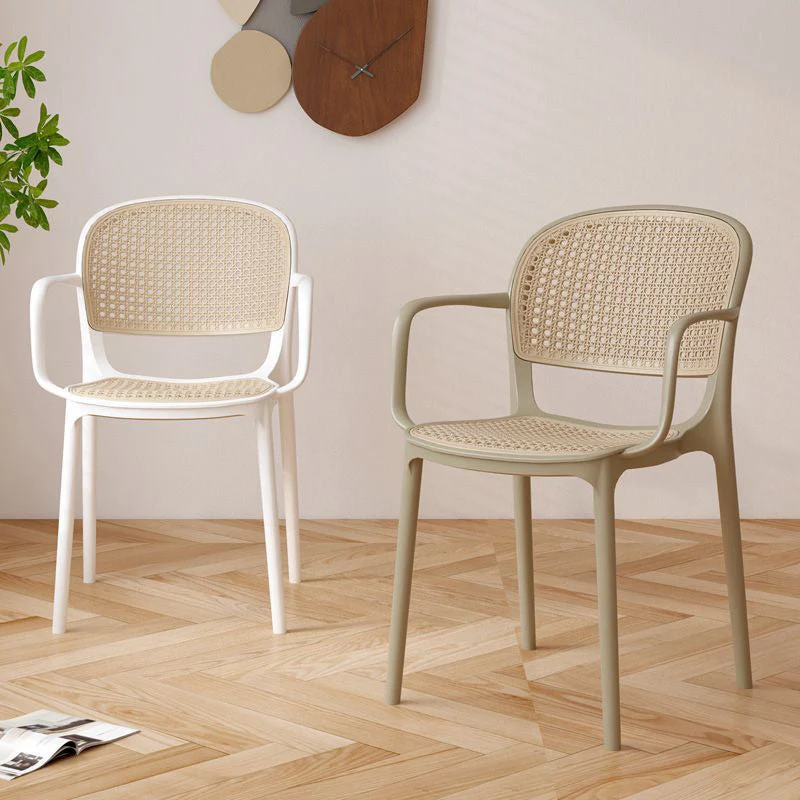 Contemporary Nordic Square Faux Rattan Plastic Dining Chair Backrest Armrest For Dining Room