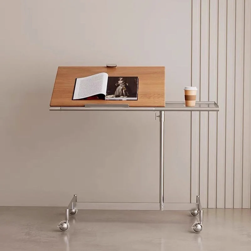 Contemporary Nordic Rectangular Round Pole Solid Wood Stainless Steel Liftable Side Table For Living Room