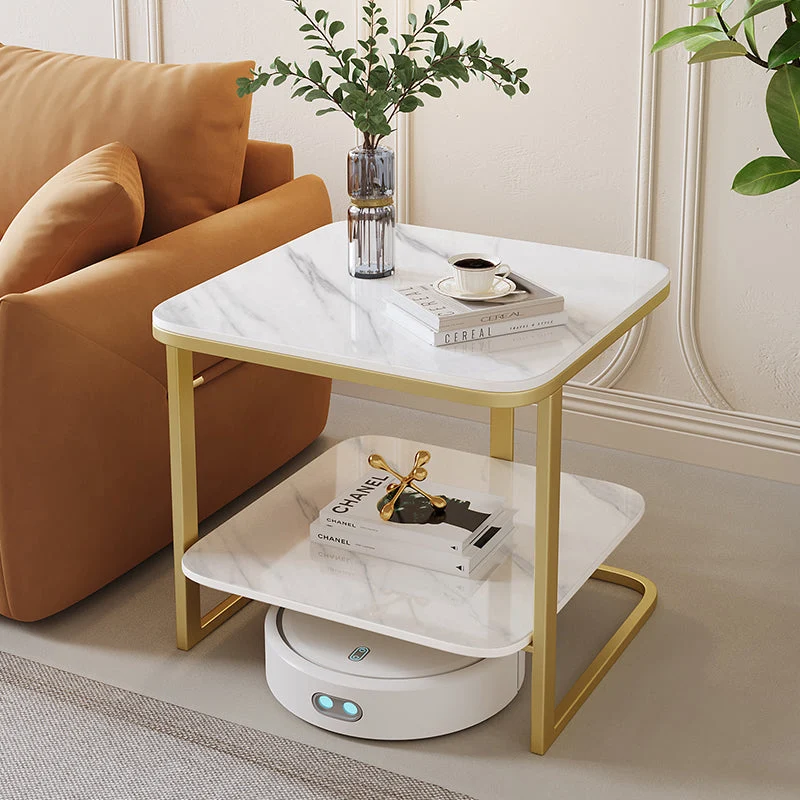 Modern Minimalist Square Sintered Stone Carbon Steel Side Table 2-Tier For Living Room