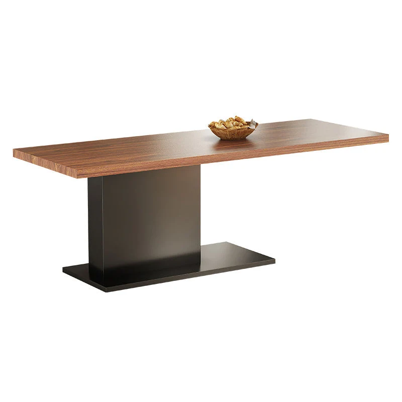 Brown Walnut Top Dining Table Modern Rectangle Black Metal Pedestal Table