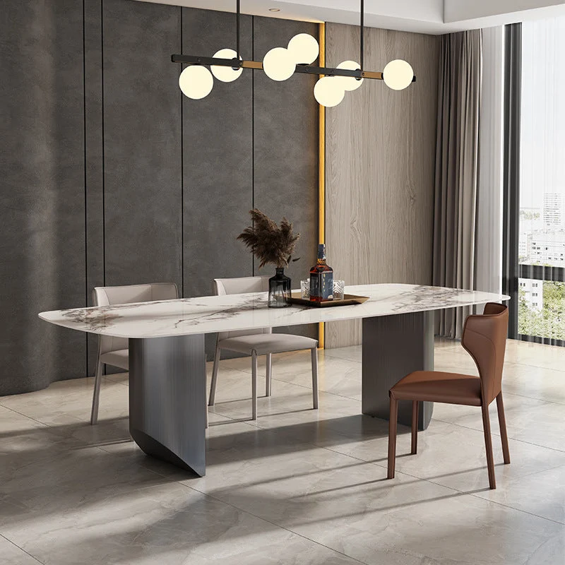 Metal Traditional Luxury Rectangle Table Sintered Stone Table with Double Pedestal Base