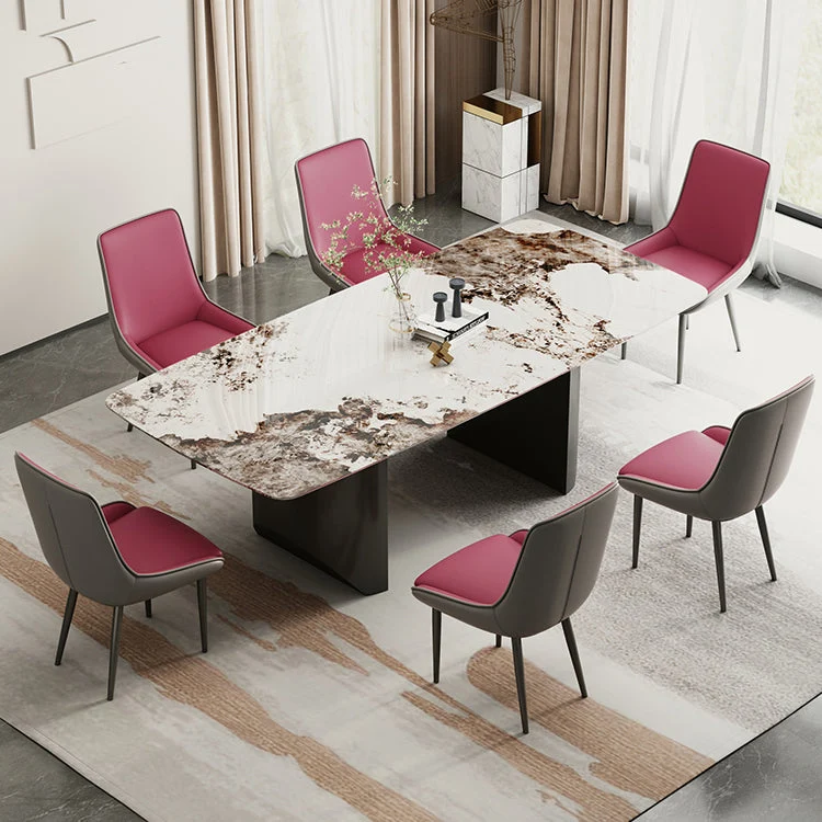 Rectangle Double Pedestal Table Modern Stone Top Black Base Dining Site Table