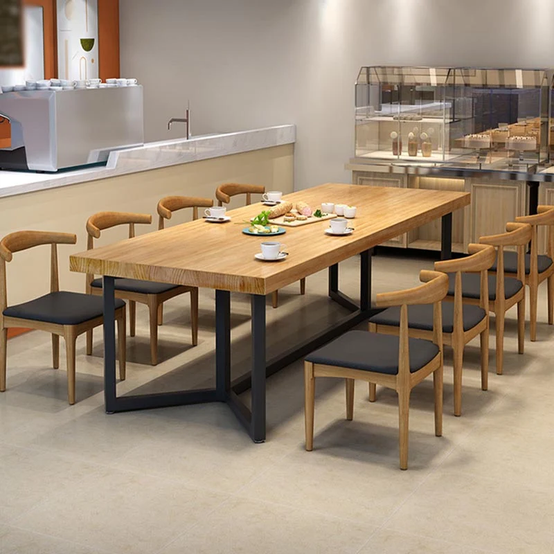 Black Metal Trestle Base Dining Table Rectangle Solid Wood Top Kitchen Dining Table
