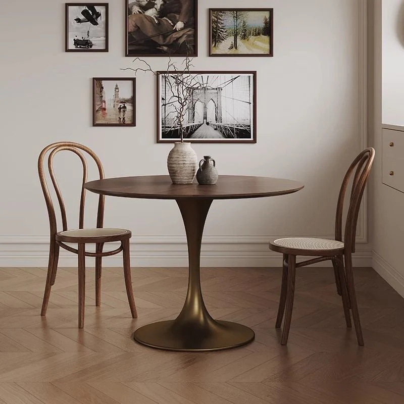 Contemporary Retro Round Black Walnut Antique Brass Plywood Rubberwood Faux Rattan Weaving Dining Table & Chair Set For 2 Seats
