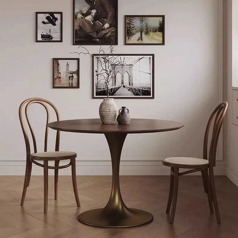 Contemporary Retro Round Black Walnut Antique Brass Plywood Rubberwood Faux Rattan Weaving Dining Table & Chair Set For 2 Seats